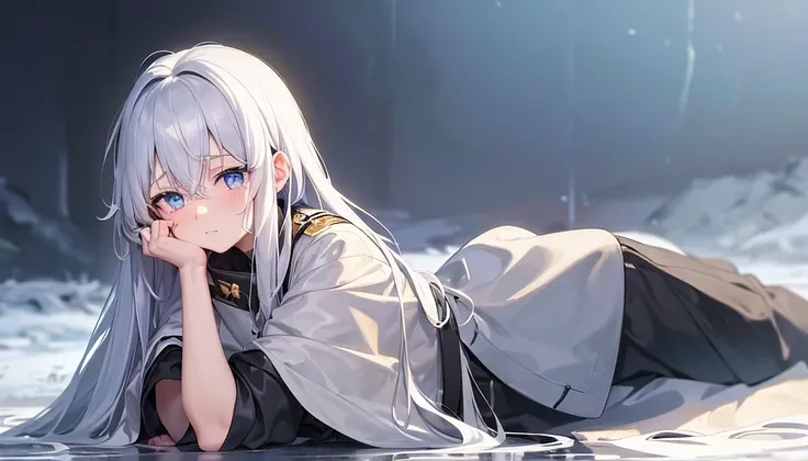 (masterpiece:1.2),(Perfect eyes:1.3) ,Best anime 4k,best quality ,,pixiv, anime girl ，long straight white hair , black eyes ,Wearing off-white camouflage uniform ,ten years old，modern battlefield，(Eyes looking into the distance:1.3)，(look away:1.5)，snowy w...