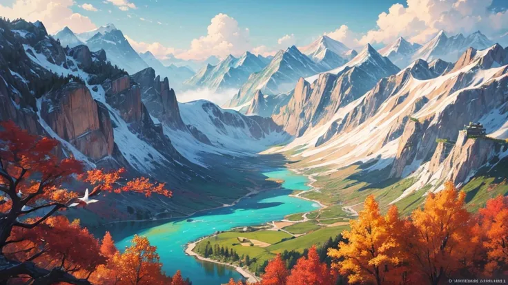 The painting depicts a traditional East Asian landscape with soaring rocky mountains studded with trees, The waterfall falls into the river flowing over the curved bridge, and many fall-colored trees at the foot of the mountain. In the sky there were two w...