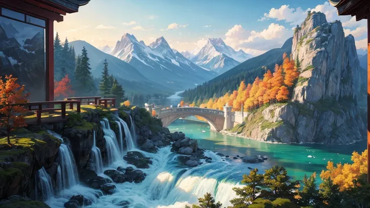 The painting depicts a traditional East Asian landscape with soaring rocky mountains studded with trees, The waterfall falls into the river flowing over the curved bridge, and many fall-colored trees at the foot of the mountain. In the sky there were two w...