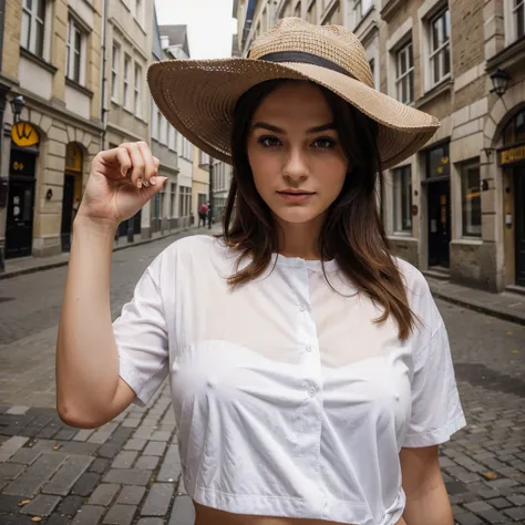 Give me image of the woman, alone, in Ghent, with hat, posing as a model, with a shirt that highlights your curves