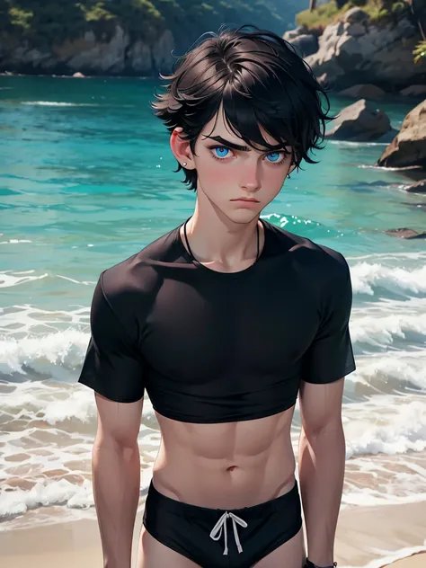 (best quality), 1boy, male, pale skin, black hair, short hair, tousled hair, messy bangs, bangs over eyes, blue eyes, perfect eyes, dark circles under eyes, lanky body, boyish, strong jawline, frown, attractive, goth boy, swim trunks, beach, masculine body...