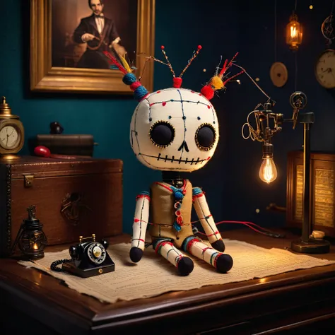 (knitted voodoo doll toy:1.5), (Voodoo stitches in the form of dots and dashes:1.9), (Clothing: 19th century formal suit:1.0), (Accessories: enchanted telegraph key emitting sparks of communication magic, floating spectral dots and dashes:1.1), (background...