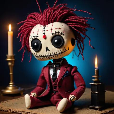 (knitted voodoo doll toy:1.5), (Voodoo stitches in the form of dots and dashes:1.9), (Clothing: 19th century formal suit:1.0), (Accessories: enchanted telegraph key emitting sparks of communication magic, floating spectral dots and dashes:1.1), (background...