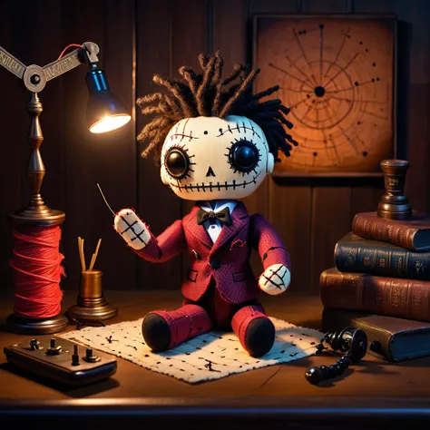 (knitted voodoo doll toy:1.5), (Voodoo stitches in the form of dots and dashes:1.9), (Clothing: 19th century formal suit:1.0), (Accessories: enchanted telegraph key emitting sparks of communication magic, floating spectral dots and dashes:1.1), (background...