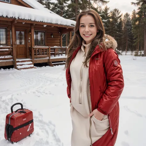 Make a german girl with medium breast, long hair, brown hair, Red long winterjacket , smiling, with open zipper, with face, body, Lakeside house, travel bag,Nude woman standing in the snow wearing a red dress