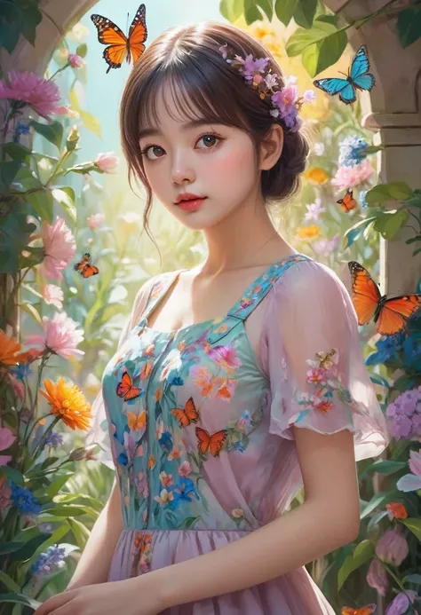 A cute young girl in a fantasy garden, detailed facial features, big eyes, long eyelashes, adorable expression, colorful floral dress, surrounded by vibrant flowers and butterflies, natural lighting, pastel color palette, 8k, high resolution, detailed pain...