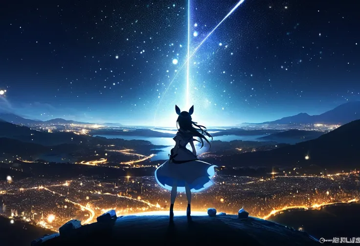 (((zoom out))),8k,((highest quality)),((high-res)),((shot from behind)),night,she stands front of a magical world ,thank you!