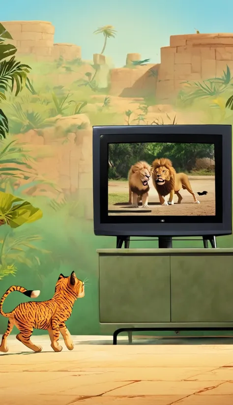 A kitten threatening a male lion on a large TV set.