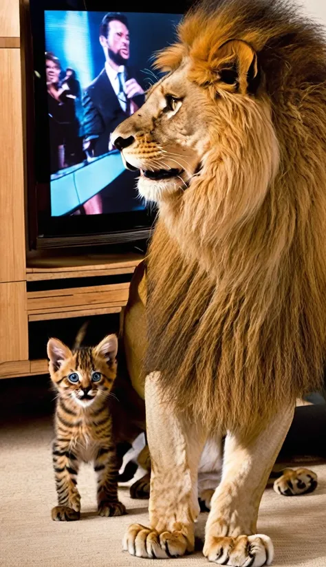 A kitten threatening a male lion on a large TV set.