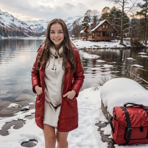 Make a german girl with medium breast, long hair, brown hair, Red long winterjacket , smiling, with open zipper, with face, body, Lakeside house, travel bag,Nude woman standing in the snow wearing a red dress