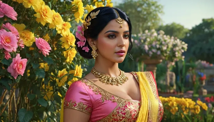 a middle east woman with black hair, beautiful detailed eyes, beautiful detailed lips, extremely detailed face, butterflies in her hair, wearing a pink saree dress with gold details, standing in a garden full of yellow, red, blue, pink flowers, ((large bre...