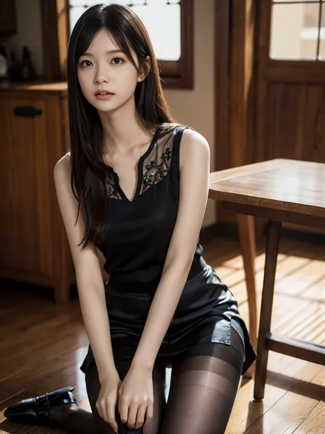 セレブFemale college student, White skirt and thighs、2０age、height　162cm、、Conservative Fashion, (Wearing pantyhose,Realistic pantyhose)、Go to university、Wearing a very thin black satin sleeveless shirt, Wear high-quality high heels、Girl in a black see-through ...