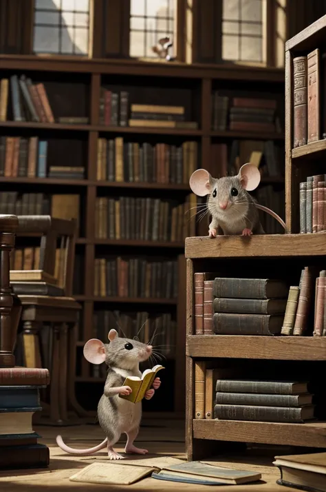 An adventurous little mouse with a book in his hand and an abandoned library in the background