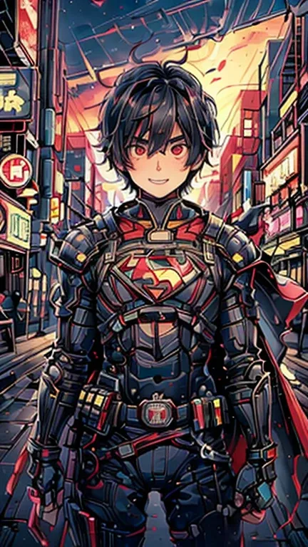 (8k),(masterpiece),(Japanese),(13-year-old boy),((innocent look)),((Childish)),From the front,smile,cute,Innocent,Kind eyes,Flat chest,Superman Costume,red cape,short,Hair blowing in the wind,Black Hair,Strong wind,night,dark, Neon light cyberpunk city