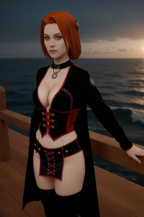 A stunning female rayneclassic stands poised on the weathered deck of a majestic ship at night in Miami. Her porcelain skin glows softly, illuminated by the warm light of the loghthouse. Delicate features and raven tresses frame her enigmatic smile as she ...