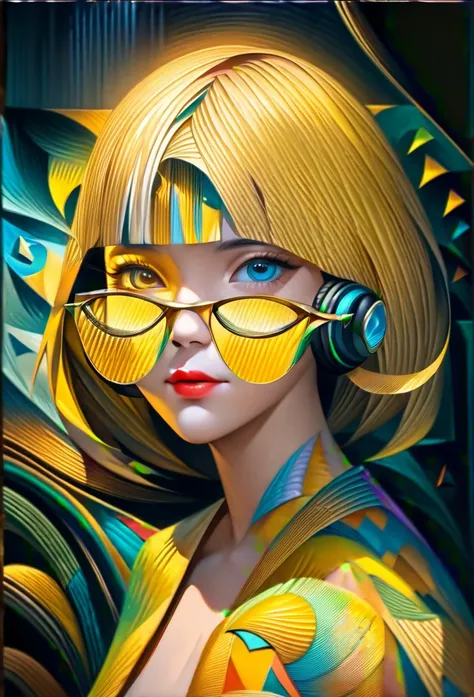 (((yellow glasses:1.3))), headphone, short hair, blunt bangs,Please turn the provided image into a painting keeping the same agape face features and realistic likeness and with the following characteristics: Art Style: Flowing Picasso style. Colors: Vibran...