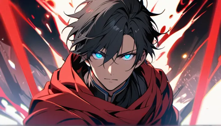 Male, solo, handsome, black hair, blue eyes, glowing eyes, red cloak, young, half body