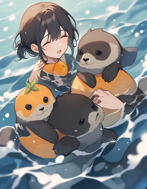 Four sea otters floating in the ocean、Holding a tangerine in both hands、character