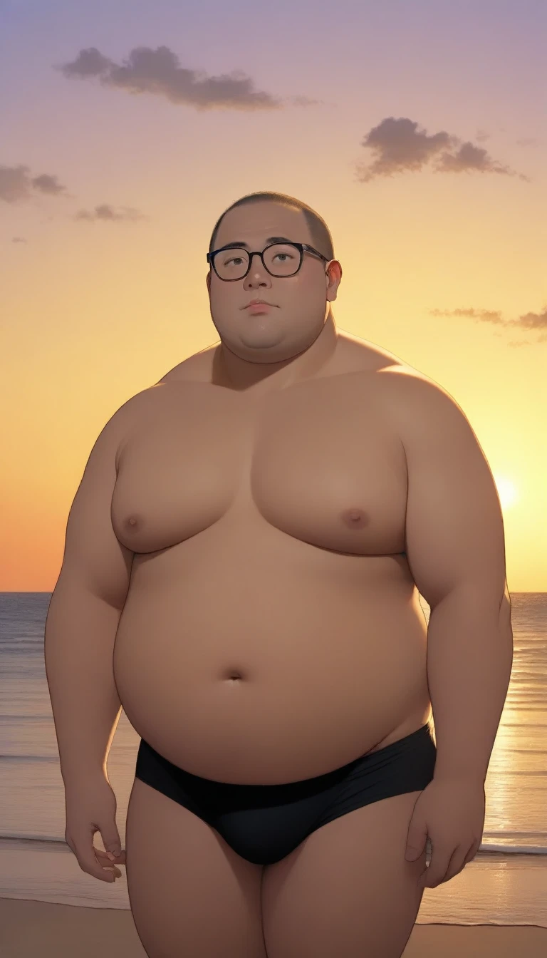 A fat man，Big eyes，Black round glasses，short hair，Round inches，Big round face，Very large and well-developed chest muscles，Big full belly，Standing on the beach far away from the sunset，The upper body is bare，Wearing briefs with bulge in the crotch，Oriental ...