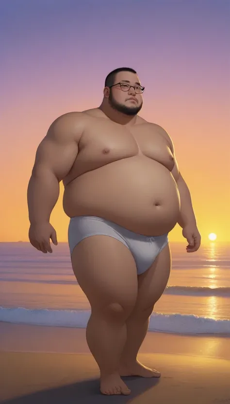 A fat man，Big eyes，Black round glasses，short hair，Round inches，Big round face，Very large and well-developed chest muscles，Big full belly，Standing on the beach far away from the sunset，The upper body is bare，Wearing briefs with bulge in the crotch，Oriental ...