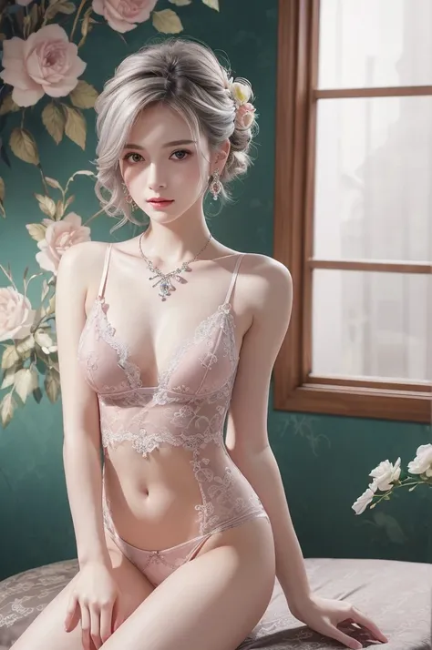 darkpink lace thong&Good, (((Very elegant and beautiful, Perfect detail, Super detailed))), whole body, The most detailed girl, Depth of written boundary, 美しく詳細なwhole body, Thin legs, 1 girl, 30 years old, Very short hair, Spiked Hair, Gray and silver hair...