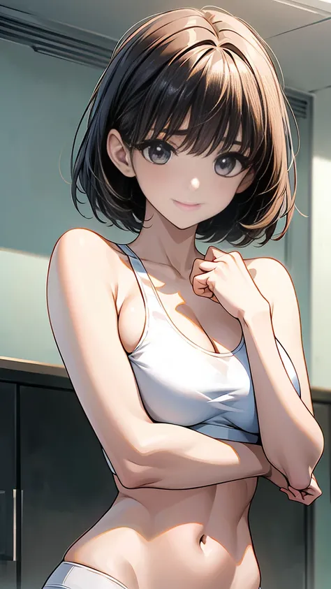 nsfw:1.2,16K、masterpiece、High resolution、((18-year-old female))、Very large breasts、(((thin, A skin-tight white sports bra))、((白くthinスポーツレギンス))、Captivating look、smile、((Please put your hands on your hips))、Angle from below、((Upper body close-up))