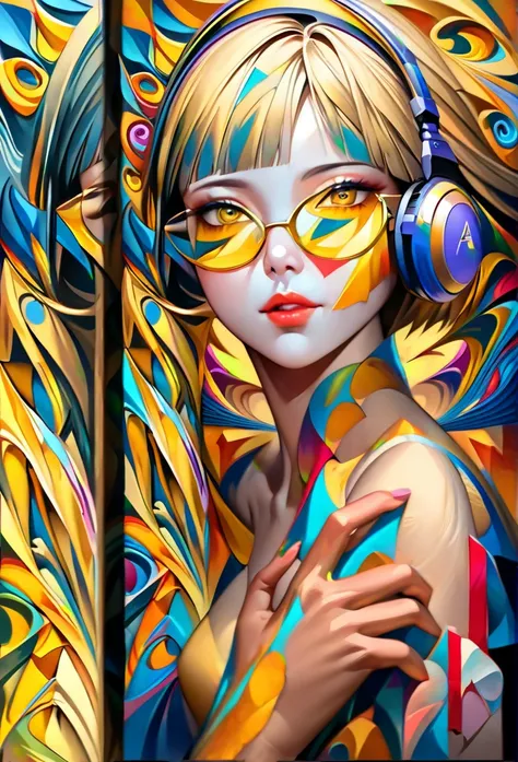 (((yellow glasses:1.3))), headphone, short hair, blunt bangs,Please turn the provided image into a painting keeping the same agape face features and realistic likeness and with the following characteristics: Art Style: Flowing Picasso style. Colors: Vibran...