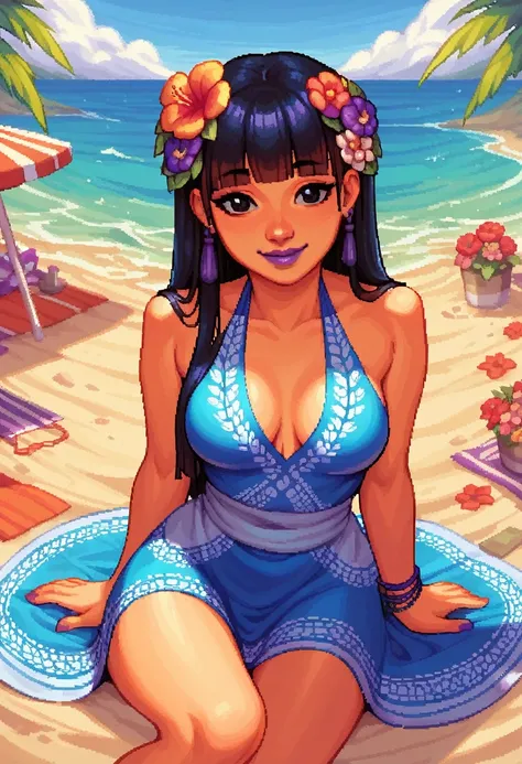 score_9, score_8_up, score_7_up, pixel art, 1girl, beach background, Asian, traditional polynesian dress, , sunny, lovely, hime cut hair, gentle smile, purple lips, black eyes, flowers in hair, penis outline
