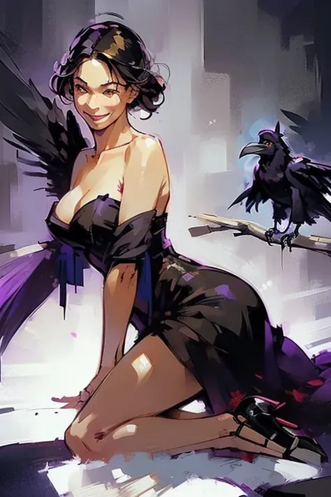 (playing with a raven:1.4).Beautiful Japanese woman, Short, beautiful figure, cute butt. elegant black dress, high heels, (smile). Masterpiece, best quality,(highly detailed:1.2),(detailed face and eyes:1.2), 8k wallpaper, natural lighting. core shadows, h...