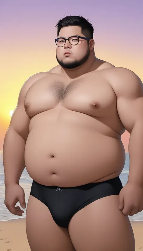 A fat man，Big eyes，Black round glasses，short hair，Round inches，Big round face，Very large and well-developed chest muscles，Big full belly，Standing on the beach far away from the sunset，The upper body is bare，Wearing briefs with bulge in the crotch，Oriental ...