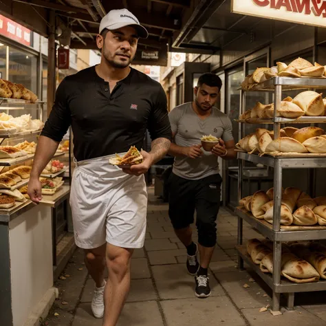 A man with shawarma in his hands runs away from a pig, escape from the pig, Shawarma, большая Shawarma, огромная Shawarma, man holding shawarma in two hands, a man quickly runs away from a pig, большая длинная Shawarma, shavuha is huge, lavash