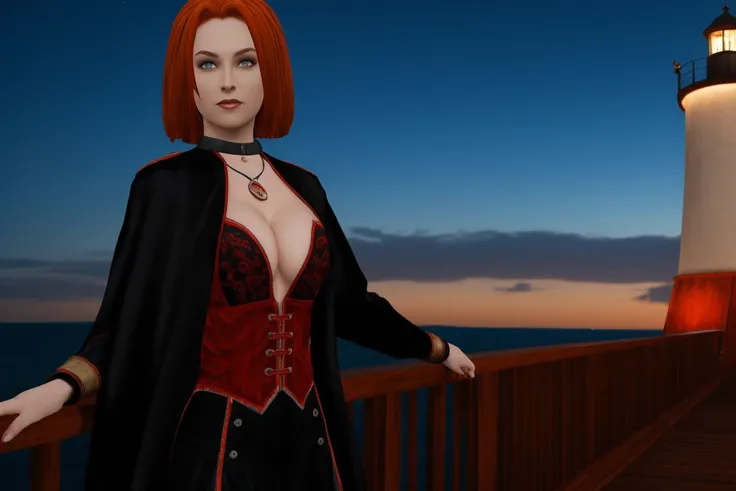 A stunning female rayneclassic stands poised on the weathered deck of a majestic ship at night in Miami. Her porcelain skin glows softly, illuminated by the warm light of the loghthouse. Delicate features and raven tresses frame her enigmatic smile as she ...