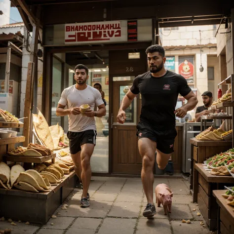 A man with shawarma in his hands runs away from a pig, escape from the pig, Shawarma, большая Shawarma, огромная Shawarma, man holding shawarma in two hands, a man quickly runs away from a pig, большая длинная Shawarma, shavuha is huge, lavash