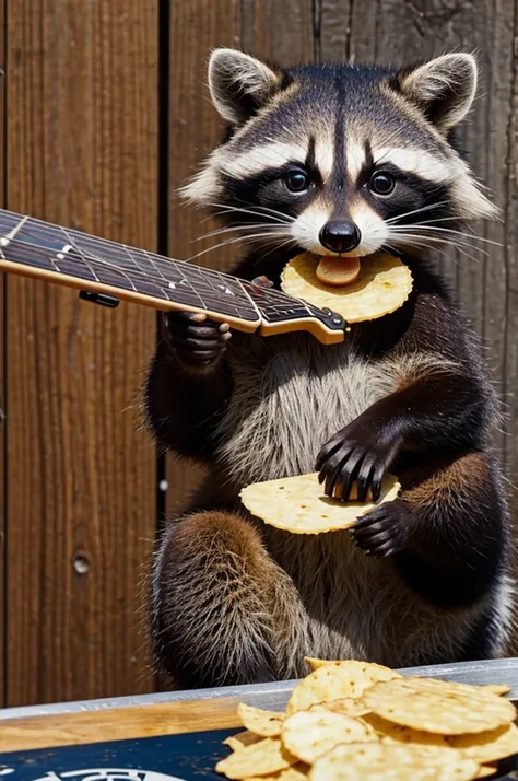 A raccoon playing a guitar while eating a potato chip making the metal sign
