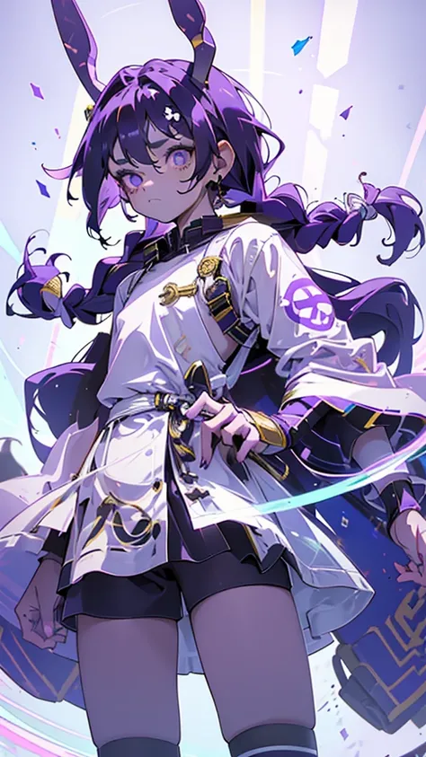 boy, thoughtful look, open forehead, black and purple hair braided into a ponytail on the left side in a bun. small curly black horns wrapped in white ribbon, pale violet eyes, short dark purple shorts. Long white t-shirt. dark purple knee socks. dark purp...