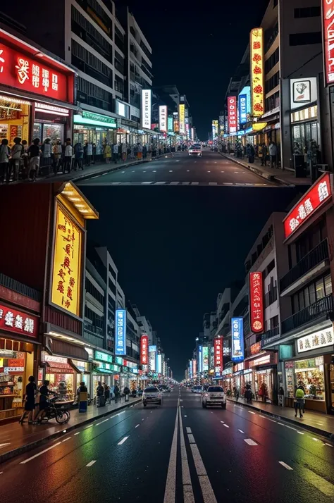 Picture of Yaowarat Road at night There are shops, lights, and shop signs on the streets. There are no people, only shop signs, and the road in the middle. 