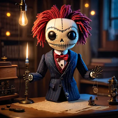 (knitted voodoo doll toy:1.5), (Voodoo stitches in the form of dots and dashes:1.9), (Clothing: 19th century formal suit:1.0), (Accessories: enchanted telegraph key emitting sparks of communication magic, floating spectral dots and dashes:1.1), (background...