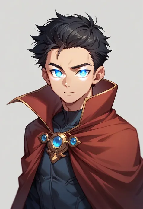 Male, solo, handsome, black hair, blue eyes, glowing eyes, red cloak, young, half body