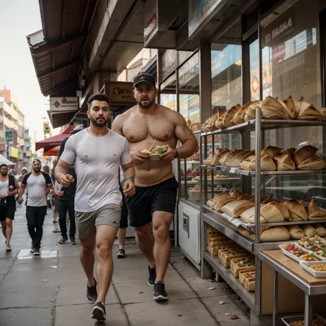 A man with shawarma in his hands runs away from a pig, escape from the pig, Shawarma, большая Shawarma, огромная Shawarma, man holding shawarma in two hands, a man quickly runs away from a pig, большая длинная Shawarma, shavuha is huge, lavash, a huge pig ...