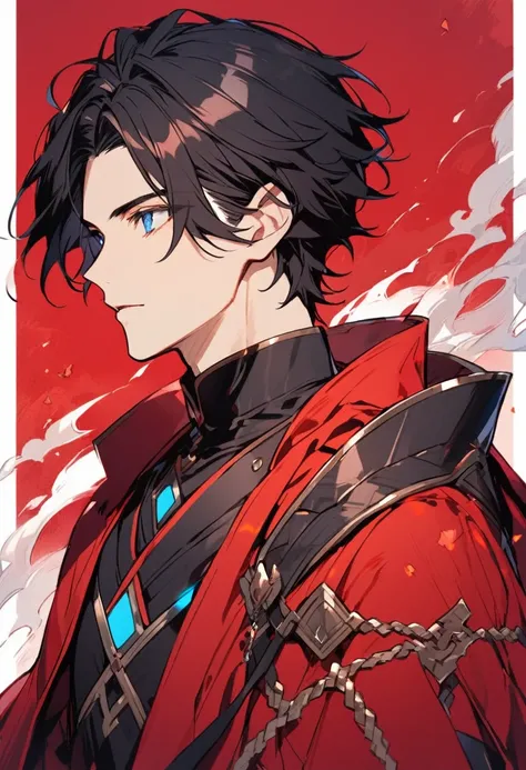 Male, solo, handsome, black hair, blue eyes, red cloak, young, half body 