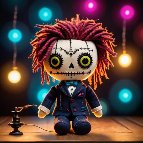 (knitted voodoo doll toy:1.5), (Voodoo stitches in the form of dots and dashes:1.9), (Clothing: 19th century formal suit:1.0), (Accessories: enchanted telegraph key emitting sparks of communication magic, floating spectral dots and dashes:1.1), (background...