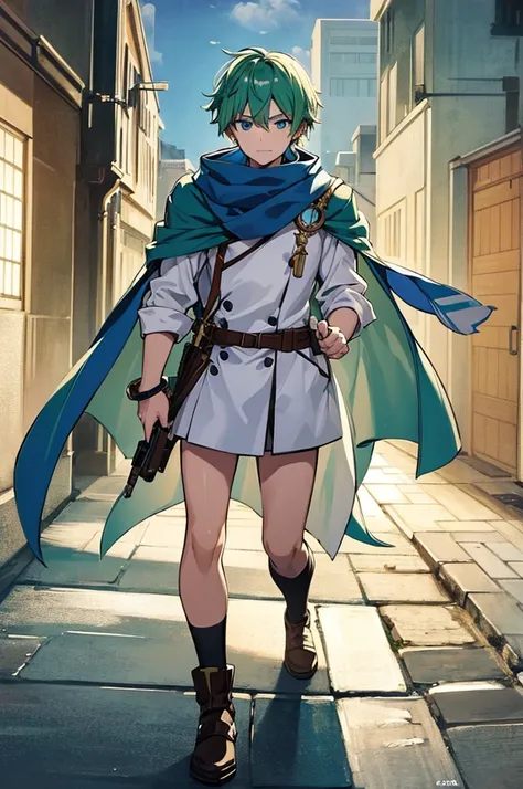 Highest quality, masterpiece, High resolution, alone, （Fire emblem），（FE Heroes_Levin），Evening sky_background，Middle Age_male，（smug face），（green_Hair Color）, 4K, masterpiece,， alone, 1,whole body，looking at the camera, Fumaru，blue_Scarf，（white_coat）Sharp Ey...