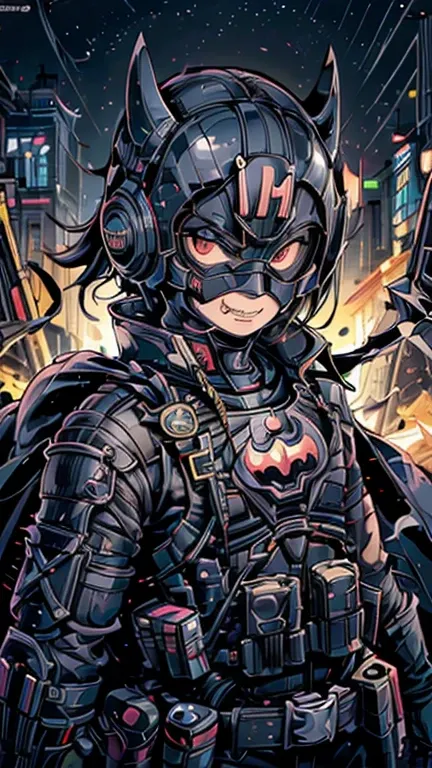 (8k),(masterpiece),(Japanese),(8-year-old boy),((innocent look)),((Childish)),From the front,smile,cute,Innocent,Kind eyes,Flat chest,Batman Costume, black helmet, Black domino mask, Black cape,short,Hair covered by helmet,Black Hair,Strong wind,night,dark...