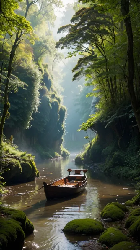 8K HD quality，Photos of the lush deep canyon, River forest small wooden boat，The forest grows in the river，The mist and leaves add an air of mystery and beauty to the scene.,