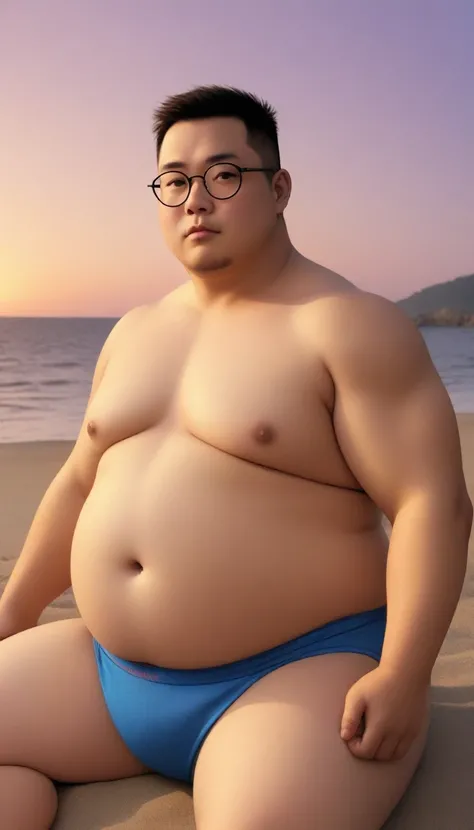 A fat man，Big eyes，Black round glasses，short hair，Round inches，Big round face，Very large and well-developed chest muscles，Big full belly，Sitting on the beach far away from the sunset，The upper body is bare，Wearing briefs with bulge in the crotch，Oriental m...