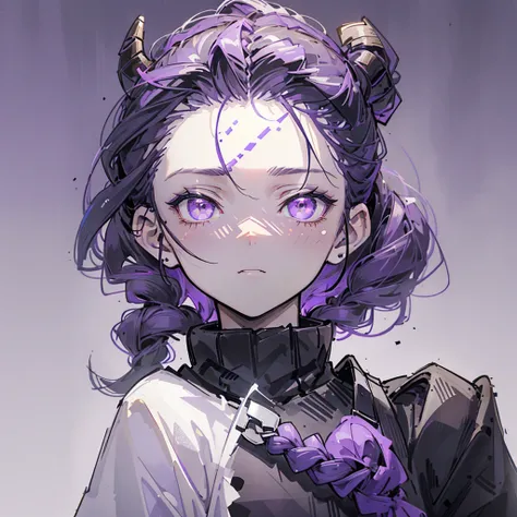 boy, thoughtful look, open forehead, black and purple hair braided into a ponytail on the left side in a bun. small curly black horns wrapped in white ribbon, pale violet eyes, short dark purple shorts. Long white t-shirt. dark purple knee socks. dark purp...