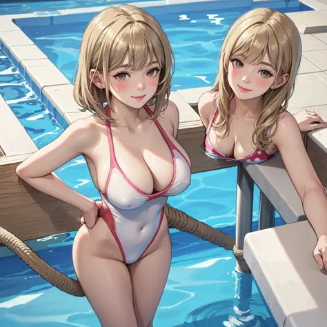 1lady solo, standing on poolside floor, (competition swimsuit) stylish, (mature female:0.8), /(beige hair/) bangs, blush kind smile, (masterpiece best quality:1.2) delicate illustration ultra-detailed, large breasts BREAK (swimming pool) indoors, course ro...