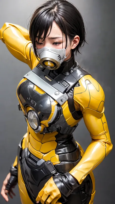 highest quality　8k yellow and black iron man suit girl　kindergarten girl　sweaty face　cute　short hair　boyish　steam coming from th...