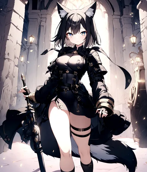 (1girl, Masterpiece, best quality) (detailed and beautiful eyes:1.6) (perfect hands, perfect anatomy) (full body)) (Mature) Fox-girl Misaki has (short black hair), (Fox-ears). ((She wears a black full cover fantasy, medieval adventurer armor with additiona...