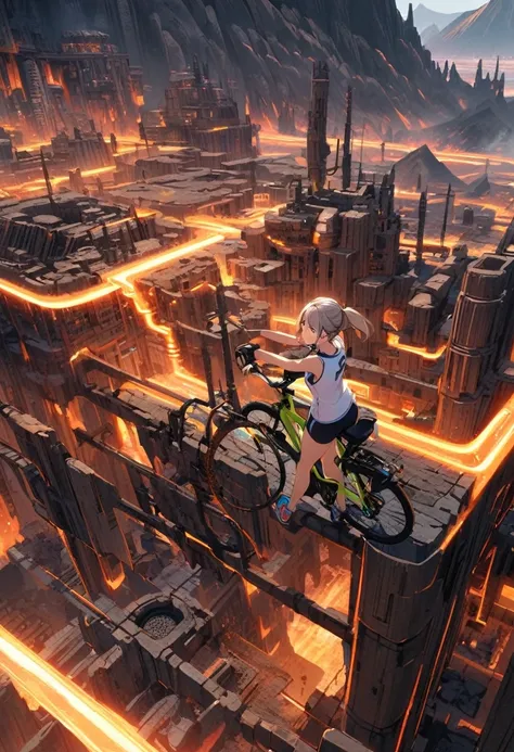 a girl rides a bicycle, in running shorts, short shorts, complex plumbing structure, volcanic city
